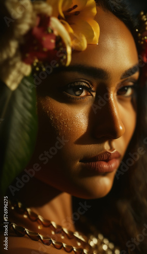 The Beauty and Detail of Polynesian Tradition: A Close-Up of a Hula Dancer's Face ai generative