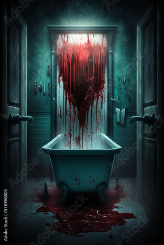bloody bathroom with bathtube in a dark and dangerous place. coverdesign for a mystery or horror thriller.