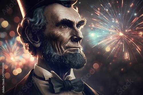 Abraham Lincoln on the background of the American flag with a firework. Generative AI.