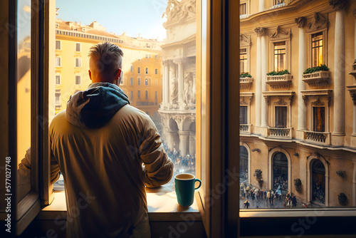 Man traveler drinking morning coffee overlooking the city view Trevi Fountain, rome, Italy from an open hotel window. Generative AI