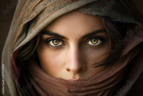 Beautiful Arab or oriental girl with head covered, blue eyes and a mysterious look. Created with Generative AI technology.