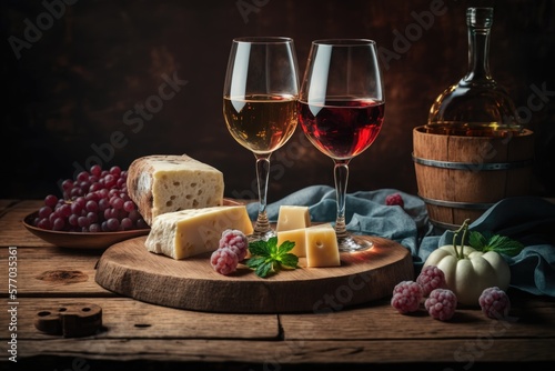 On a wooden table with a shallow depth of field are two glasses of rose wine and a board laden with fruits, bread, and cheese. Generative AI