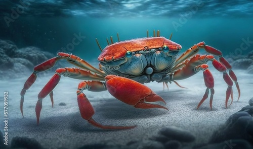  a crab is walking on the sand under the water and rocks. generative ai
