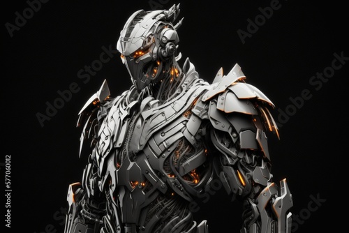 The futuristic mech soldier of science fiction, isolated on a pitch black background. White and gray metal adorn this futuristic military robot warrior. Robot with dented armor made of metal. Huge ora