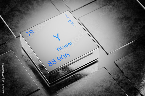 3D illustration of Yttrium as an element of the periodic table. Yttrium element a metallic background. Yttrium chemical element design showing element name, atomic weight and number. 3d render.