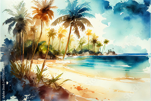 Watercolor illustration, seashore, sandy beach and palm trees.