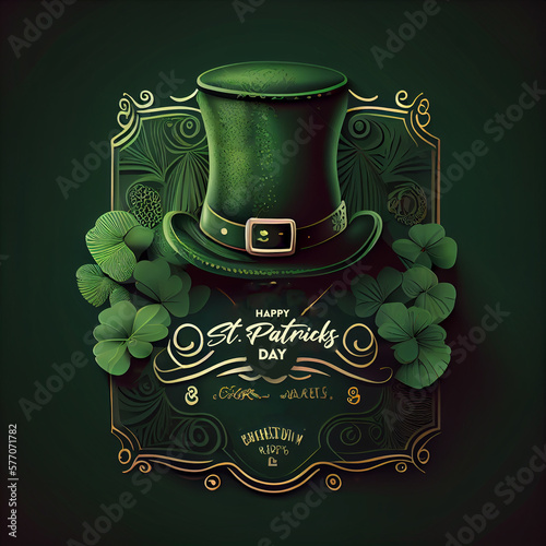 St. Patrick Day poster. Leprechaun`s hat and clover design elements with wishing lettering on green. Art illustration. Generative Ai.