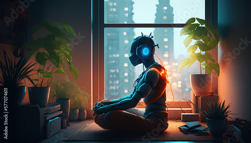 Android meditating listening to music, neon headphones in Lotus pose in an apartment next to a window with plant, light and cables coming out of body, urbanscape, cityscape, yoga pose, Generative Ai