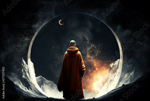 A Tibetan monk meditates against the backdrop of landscape and space. A fantastic world. A huge universe. Clouds, sand, mountains, sky. Generative AI.