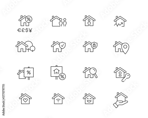 Housing Icon collection containing 16 editable stroke icons. Perfect for logos, stats and infographics. Change the thickness of the line in Adobe Illustrator (or any vector capable app).