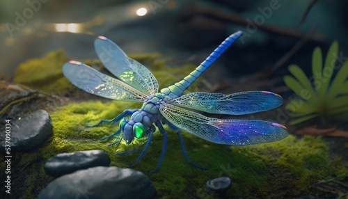  a blue dragonfly sitting on top of a green moss covered ground next to rocks and plants on a rock covered ground next to a pond. generative ai