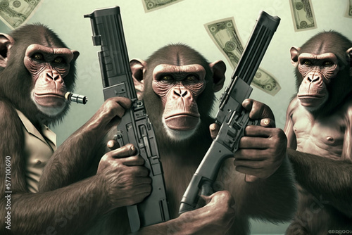 Monkeys dressed in business suits holding guns and rifles, with money strewn around them, highlighting the greed and corruption in human society. Ai generated