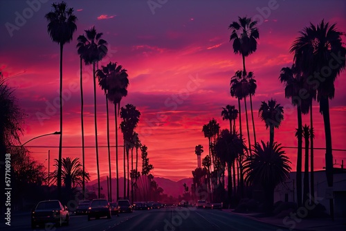 Sunrise at sunset boulevard with pink sky and the palm tree lined road, generative AI