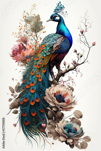 watercolor peacock on a branch with flowers, white background, generative AI finalized in Photoshop by me 