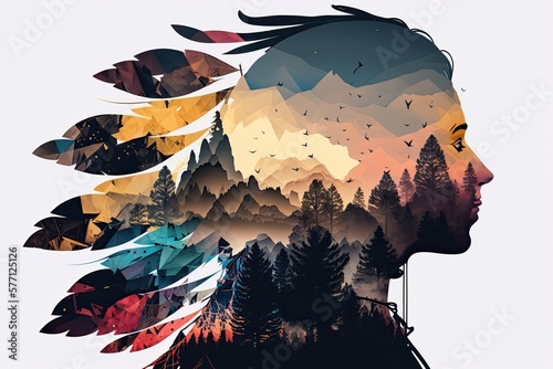 Native american silhouette, head morphing into mountains, landscape, feathers or totem animal, watercolor style, AI generative