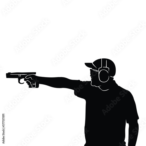 Trap shooting, aiming athlete with gun, isolated vector silhouette. Ink drawing