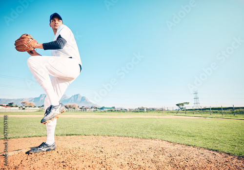 Sports athlete, baseball field or man throwing in competition mock up, practice match or pitcher training workout. Softball, grass pitch or mockup player doing fitness, exercise or pitching challenge