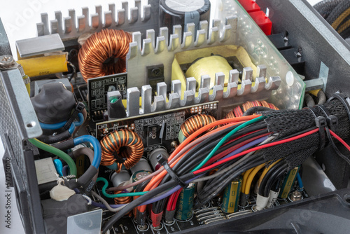 disassembled Computer Power Supply Unit, close up