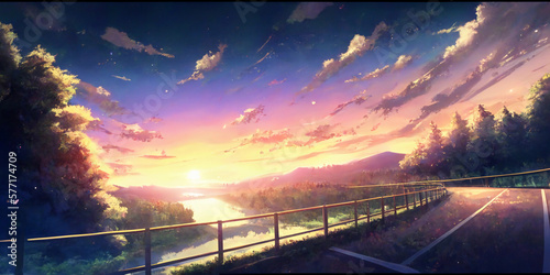Beautiful anime landscape wallpaper, purple skies