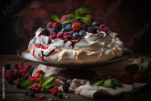 dessert with berries and cream on meringue cake, created with generative ai