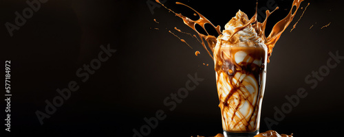 delicious frappuccino with caramel splashing around