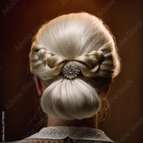elder woman hairpin grey haired hairstyle perfect for any evening or wedding event. Rear view, AI generative
