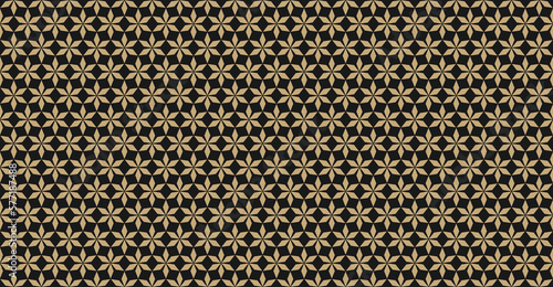 Abstract vector golden geometric seamless pattern in Oriental style. Luxury texture with floral lattice, mesh, grid, flower silhouettes. Black and gold elegant background. Repeat ornamental design