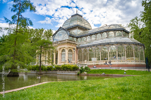 Cristal Palace of the Retiro Park in the city of Madrid, during a sunny spring day with blue sky