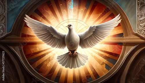 The outpouring of the Holy Spirit and the dawn of golden light: symbols of Easter, the Eucharist and the dove. Generative AI.