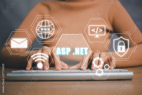 ASP.NET Development programming language concept, Person hand typing on keyboard computer with ASP.NET icon on virtual screen.