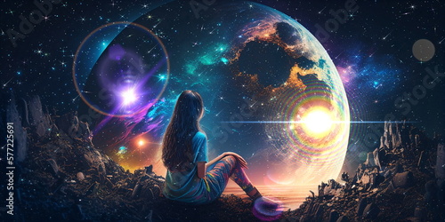  young woman sit on earth and watch big moon on space night starry sky flares esoteric concept background generated ai