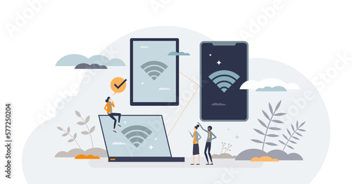 Mobile hotspot connection using mobile phone as router tiny person concept, transparent background. Share internet public for free with laptop, tablet or cell illustration. Digital signal sharing.
