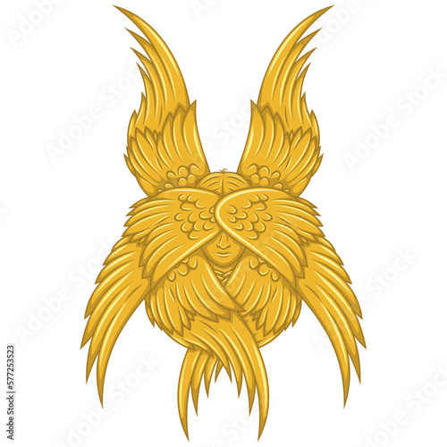 Vector design of seraph with six wings, angelic face of catholic religion, archangel with halo and feathers