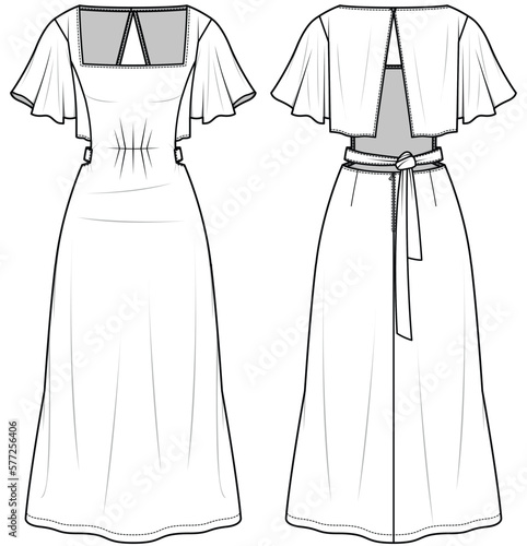 womens short sleeve square neck open back maxi dress flat sketch vector illustration front and back view technical cad drawing template