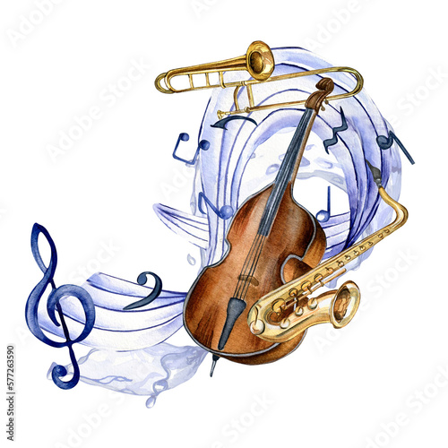 Musical symbols and contrabass watercolor illustration on white. Double bass, saxophone, jazz musical instrument hand drawn. Design for party, concert events, brochure, festival poster, postcard.