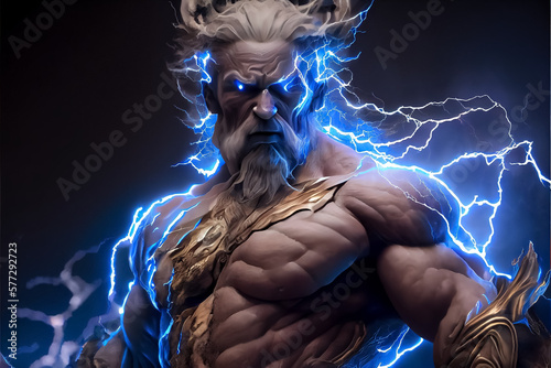 illustration of mighty god Zeus with thunder in hand . ai