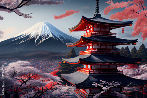 Beautiful mountain Fuji and Chureito red pagoda with cherry blossom sakura. Generative AI technology.
