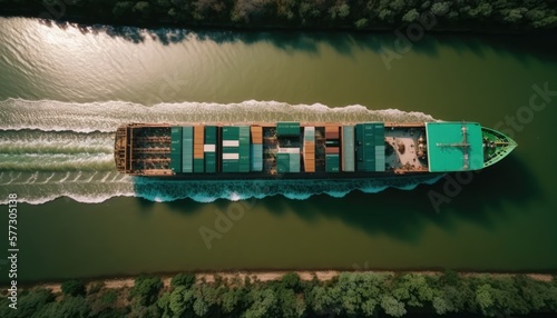 Navigating Narrow Waterways: Container Ship Transporting Cargo with Supply Chain Challenges. Generative ai illustration