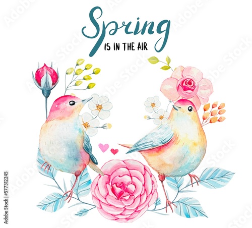 Hand drawn spring card, watercolor birds with flowers