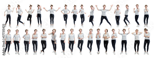 A young woman jumps and stands. Pretty woman with different emotions in black leggings and a gray t-shirt. Joy, laughter and sadness. Set, collage. Isolated on white background. Panorama format.