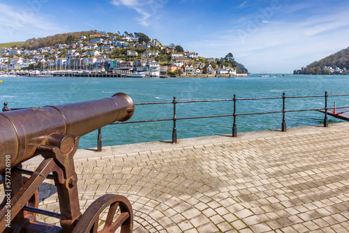 Crimean War Cannon on the quayside overlooking the river Dart estuary at Dartmouth, South Devon.