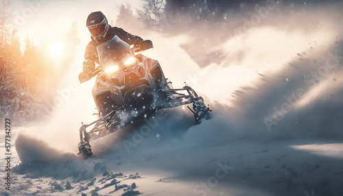 Extreme Freeride Snowmobile fresh powder snow in forest with sunlight. Winter adventure action photo. Generation AI