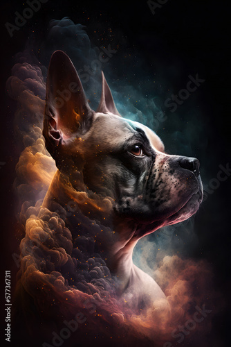 Pies połączony z mgławicą galaktyczną. Pies na czarnym tle w magicznym, abstrakcyjnym wydaniu. Generative AI