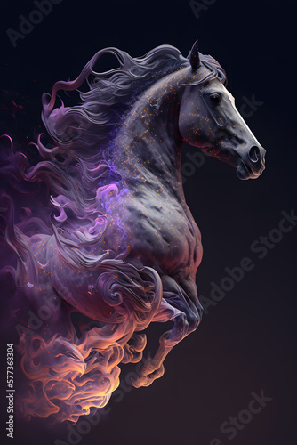 Głowa Konia połączona z mgławicą galaktyczną. Koń na czarnym tle w magicznym, abstrakcyjnym wydaniu. Generative AI
