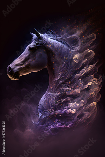 Głowa Konia połączona z mgławicą galaktyczną. Koń na czarnym tle w magicznym, abstrakcyjnym wydaniu. Generative AI