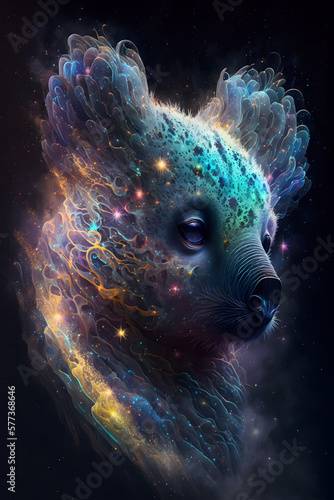 Głowa misia koala połączona z mgławicą galaktyczną. Koala na czarnym tle w magicznym, abstrakcyjnym wydaniu. Generative AI