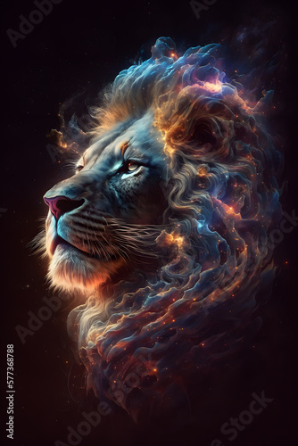 Głowa lwa połączona z mgławicą galaktyczną. Lew na czarnym tle w magicznym, abstrakcyjnym wydaniu. Generative AI