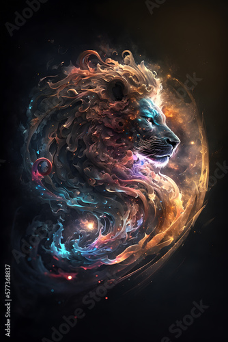 Głowa lwa połączona z mgławicą galaktyczną. Lew na czarnym tle w magicznym, abstrakcyjnym wydaniu. Generative AI