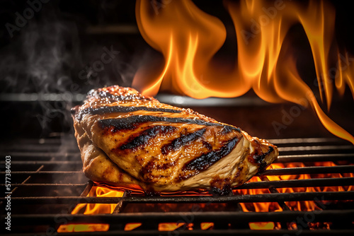 Chicken on a flaming grill. Close-up of a juicy seared piece of meat lying on a grill. In the background the flames of fire. Food style photography in natural light, golden hour. Generative AI.