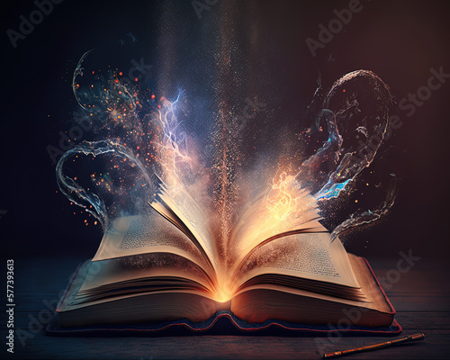 magic book with knowledge light, magical swirls and power, very old alchemy book, education, learning, mystic, esoteric, spiritual. Concept believe in your own power. Generated AI.